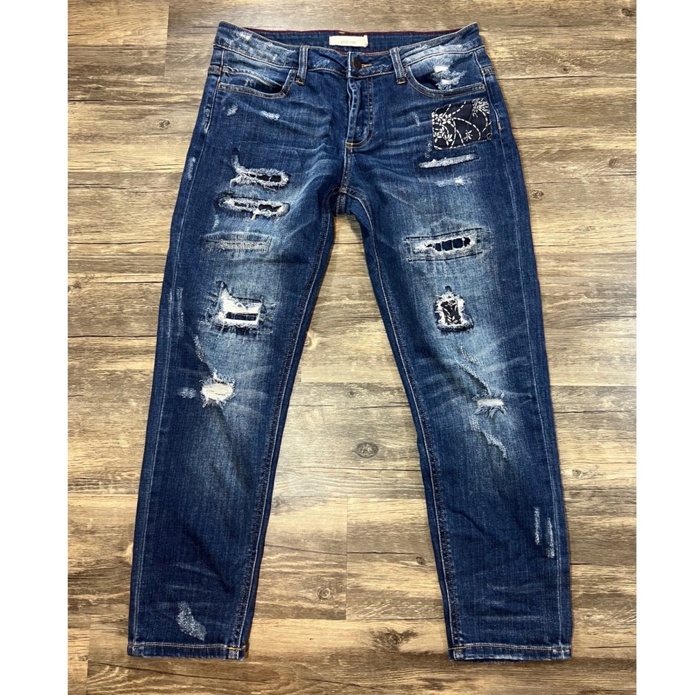 Cello Distressed Boyfriend Jeans Women's 30" Waist Dark Wash Patchwork‎ Denim